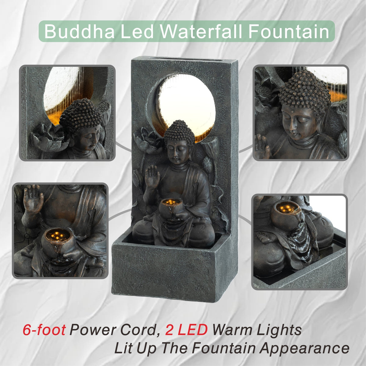 Resin Buddha Wall Panel Outdoor Fountain 28 Inch LED
