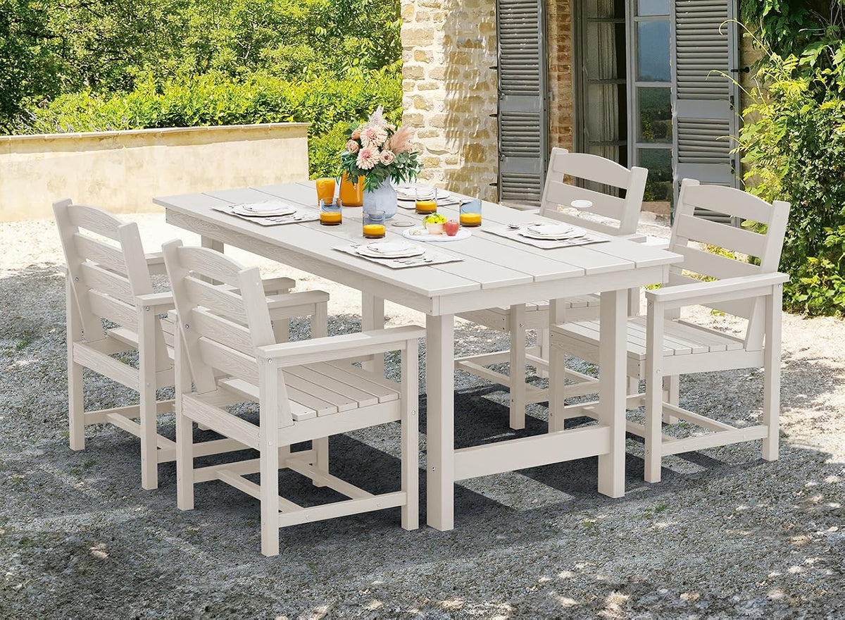 7 Pcs Outdoor Dining Set, 67" HDPE Dining Set for 6, White