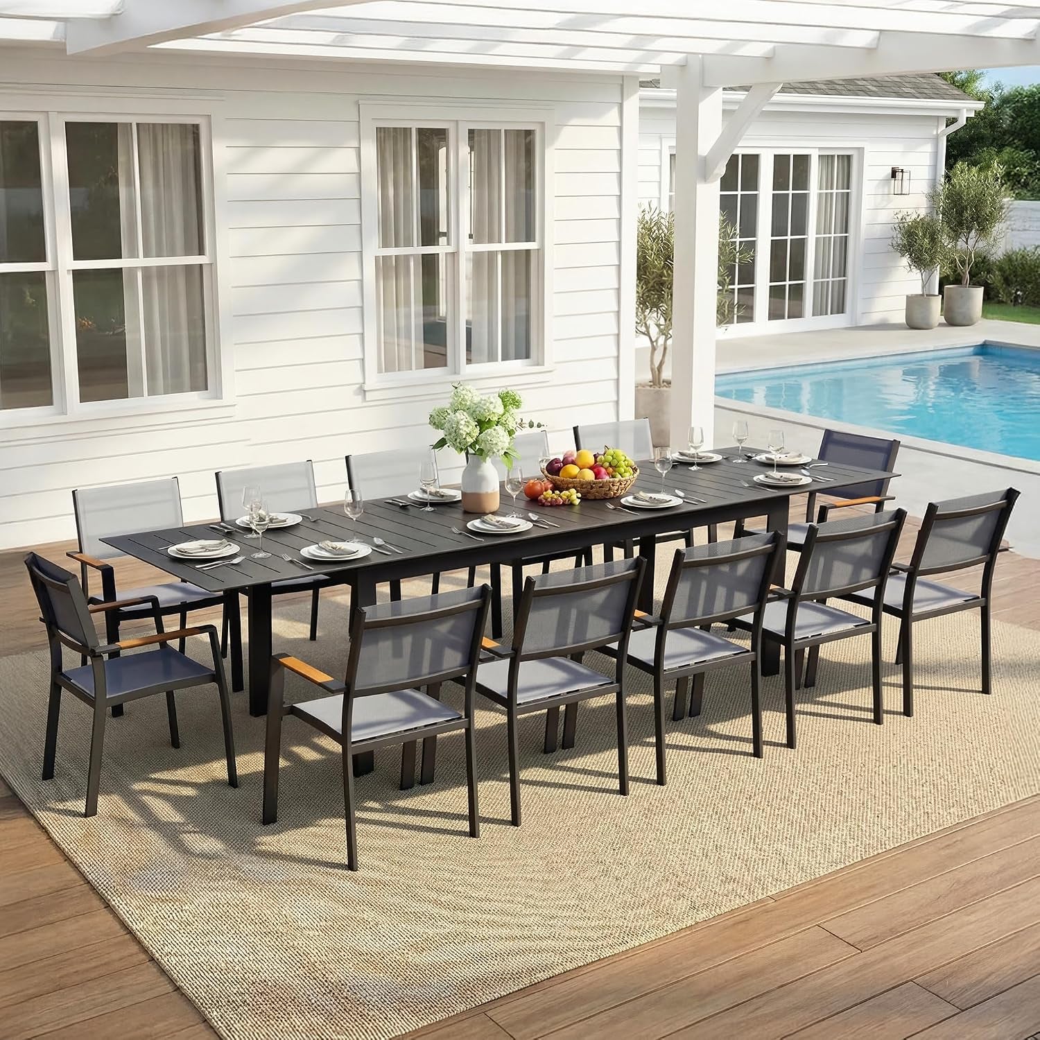 Aluminum Outdoor Patio Table and Chairs Set with 121" L-81 L Expandable Dining Table, 13-Pieces Outdoor Dining Set for 12, Patio Furniture Set with Stackable Quick Drying Chairs, Grey