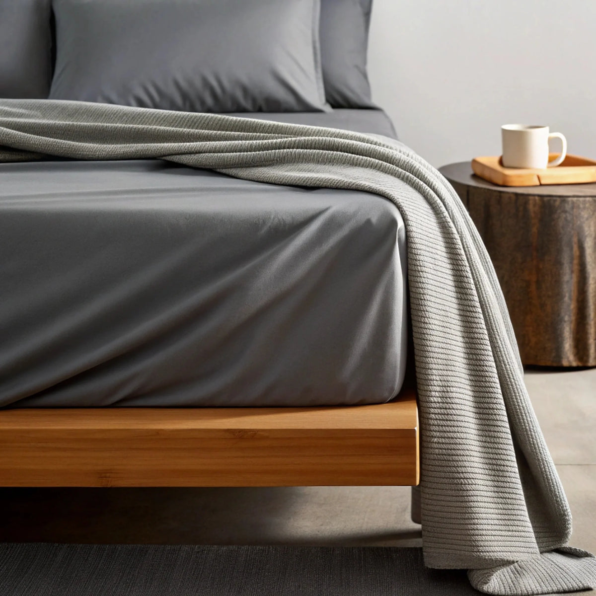 Dark grey sheet on low wooden bed paired with textured grey knit throw and coffee mug on rustic side table