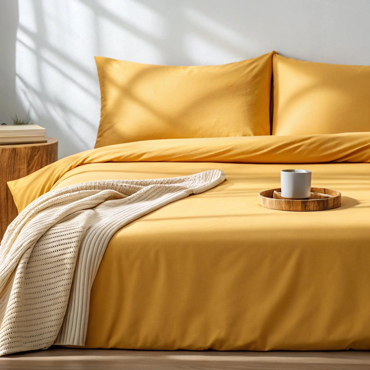 Mustard yellow bedding styled with cream knit throw and candle on tray, illuminated by natural window shadows