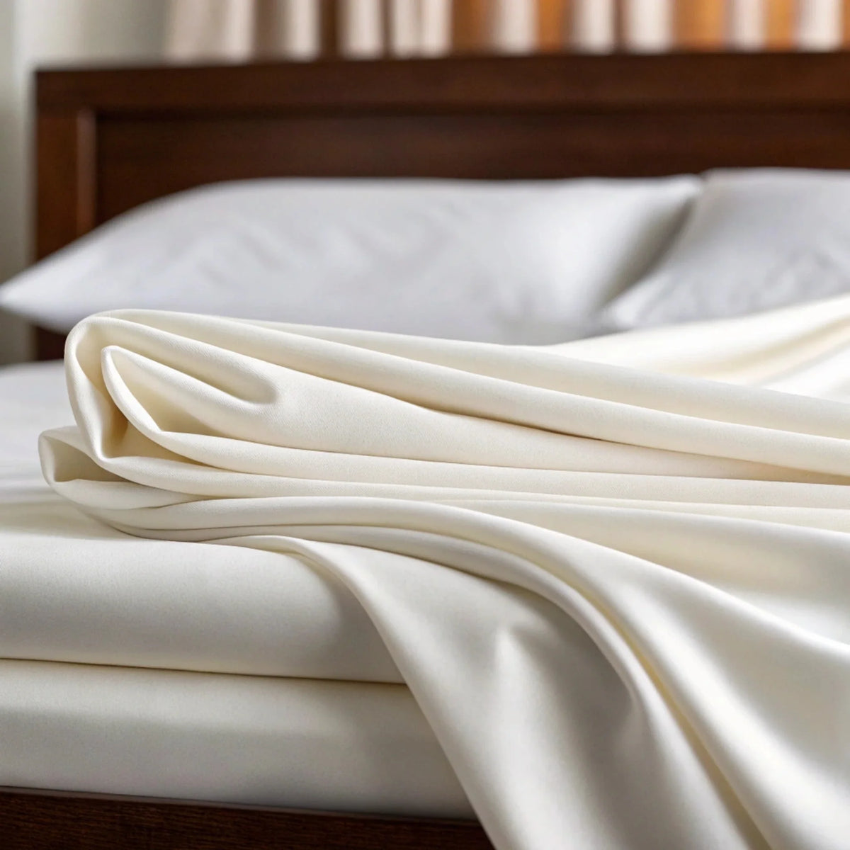 Macro detail of cream-colored bamboo fabric showing luxurious soft folds, silky-smooth finish, and blurred wooden headboard