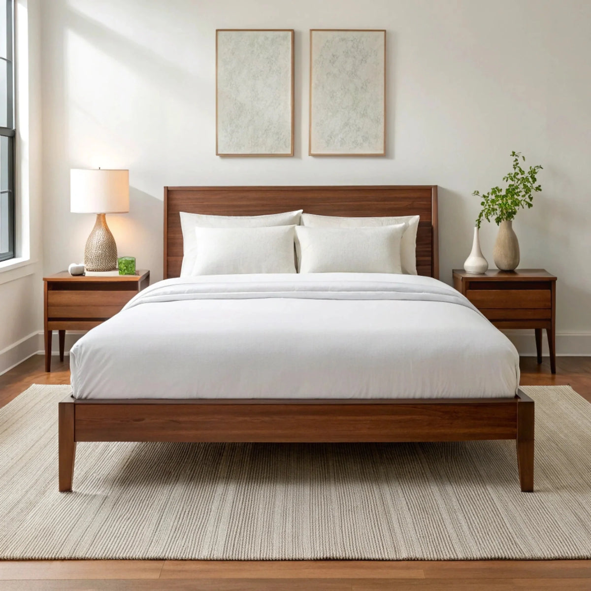 Crisp white bamboo sheets on medium-brown wooden bed in bright minimalist bedroom with abstract art and beige rug
