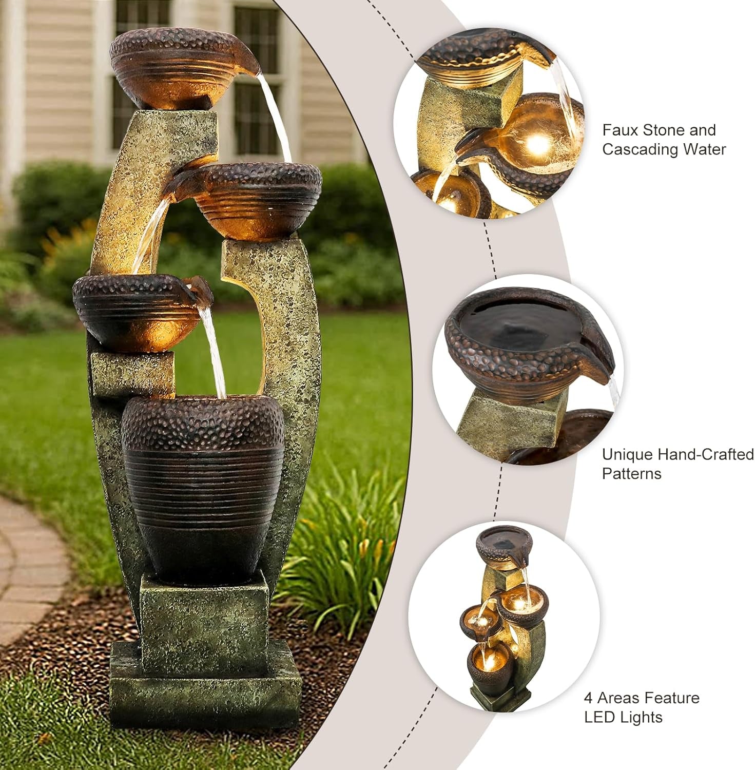 40” H Modern Outdoor Fountain - 4 Crocks Outdoor Garden Fountains with Contemporary Design&Led Light for Garden, Patio, Deck, Porch, Backyard and Home Art Decor (40In, Light Gray)