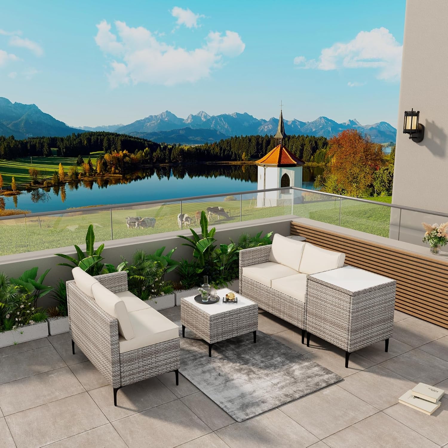 Outdoor Wicker Patio Conversation Set with Storage, PE Rattan Sofa