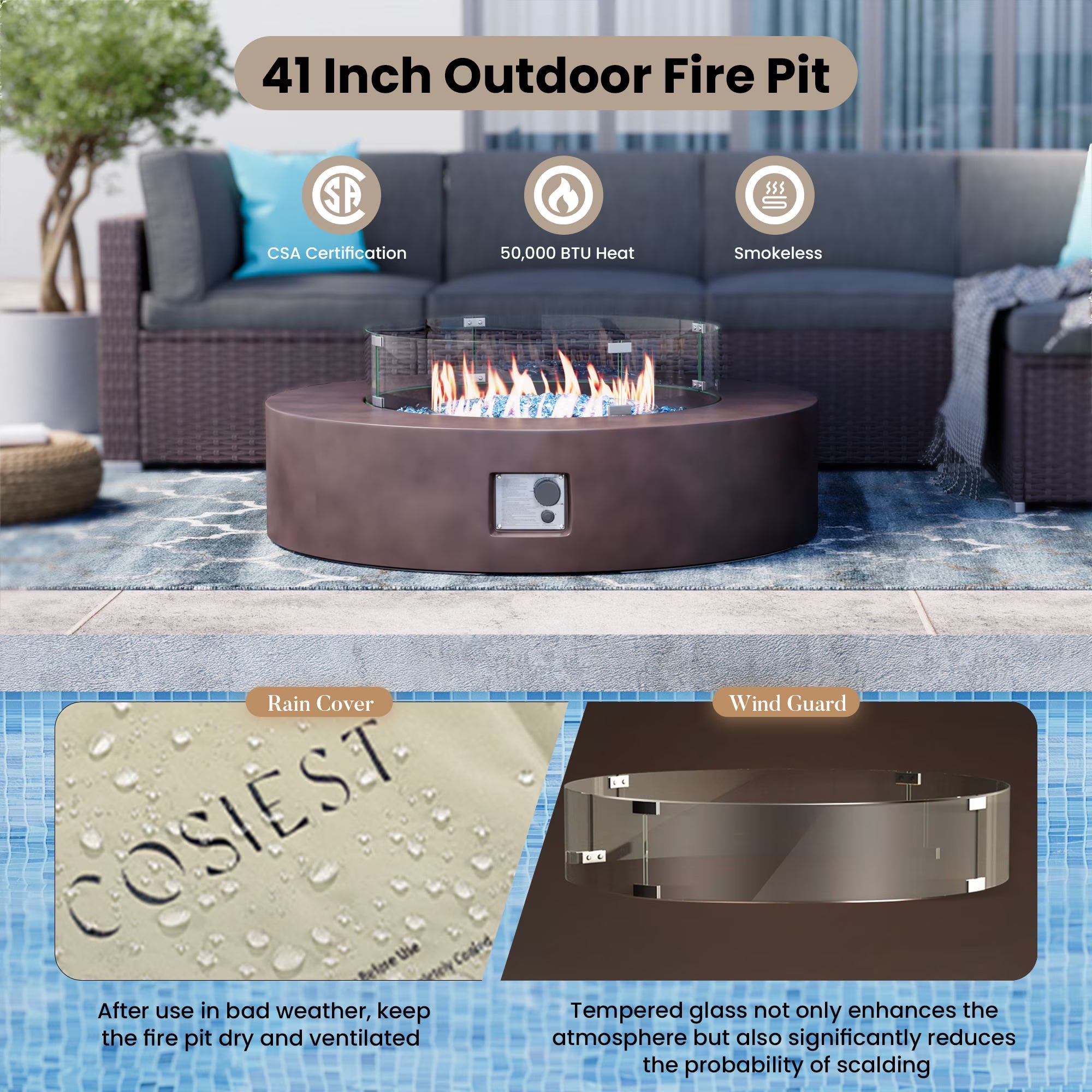 41''Round Fire Pit Table,50000 BTU Outdoor Propane Patio Fire Pit