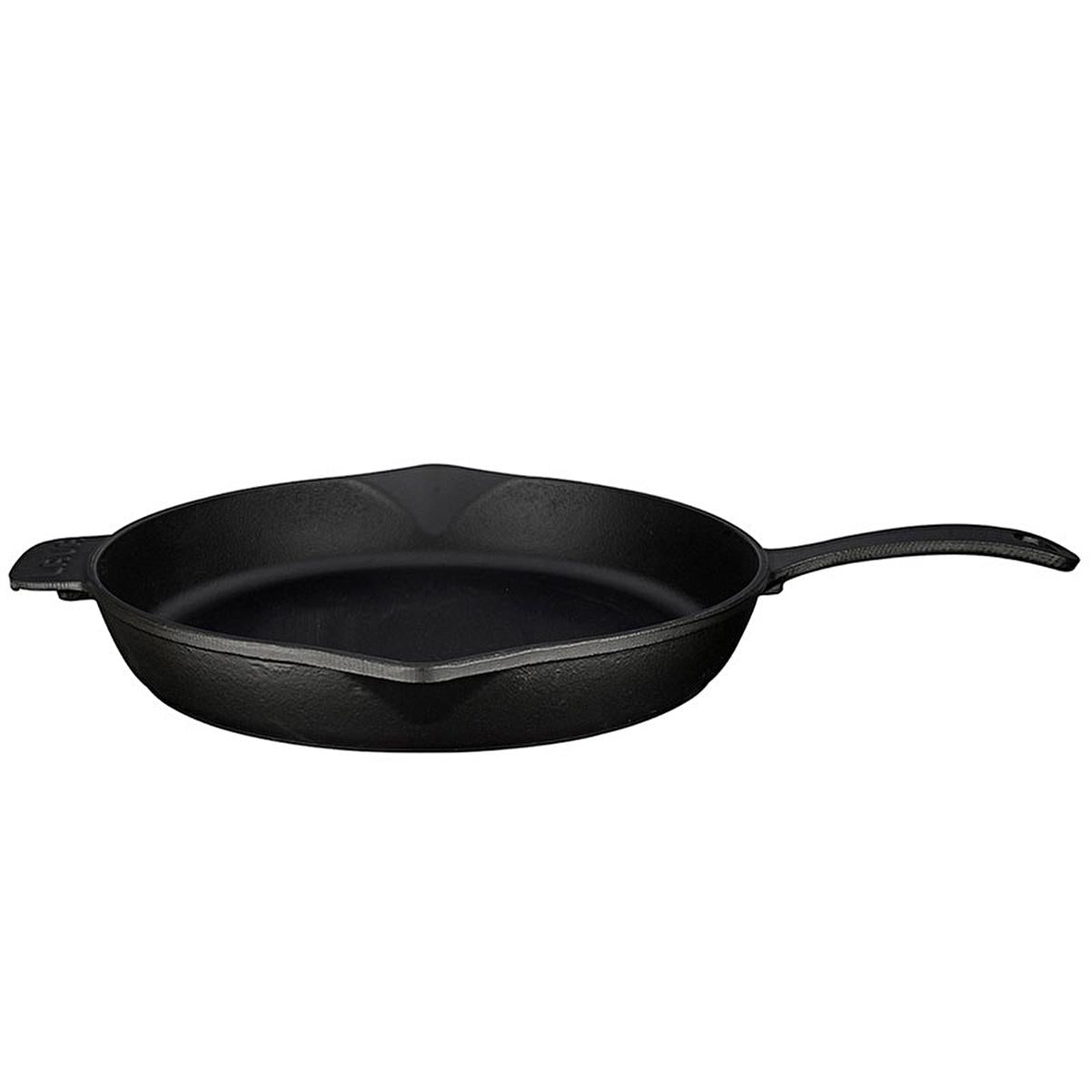 Black 34 cm enamel coated cast iron frying pan with helper handle and pour spouts on white background