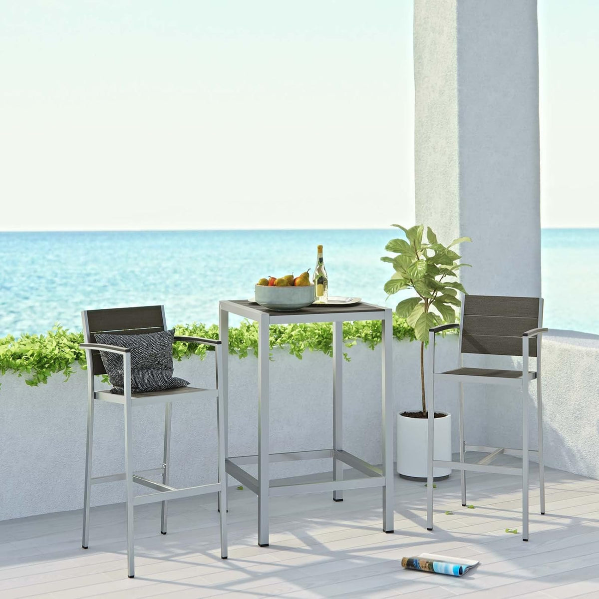 Shore Aluminum 3-Piece Outdoor Patio Pub Bistro Set with 28" Bar Table and Two Bar Stools in Silver Gray