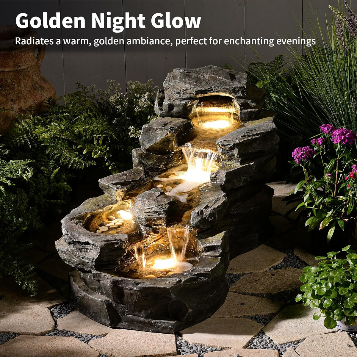 37" Water Fountain Outdoor, 5-Tier Rock Waterfall Fountain with LED Lights