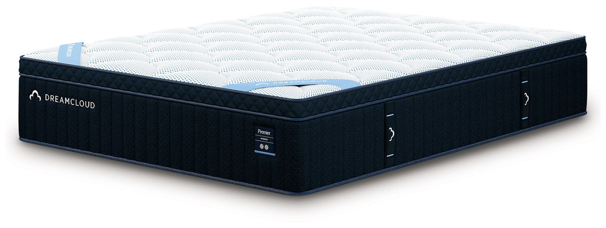 White quilted Euro top with blue accents and navy side panel showing DreamCloud Premier logo