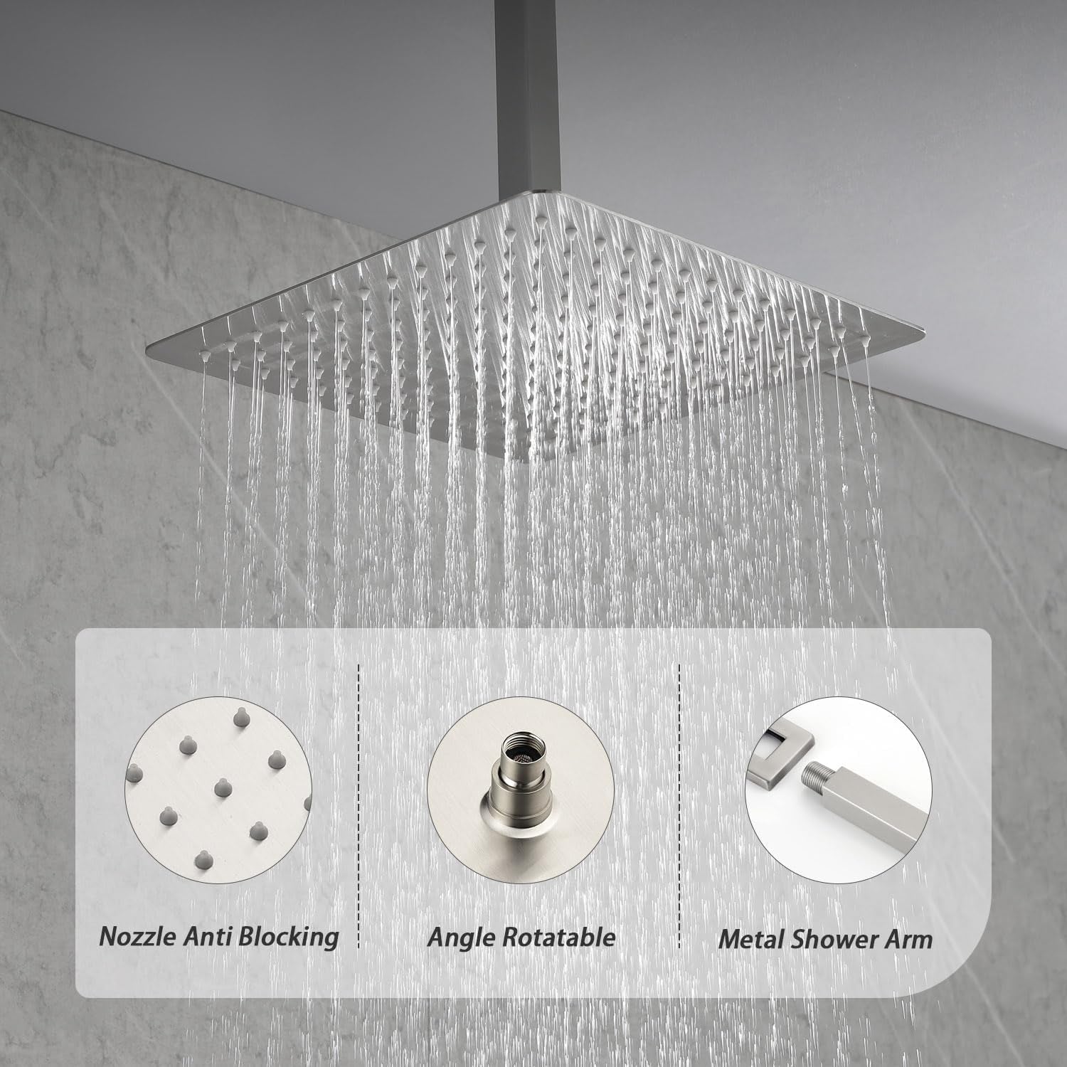 Ceiling-Mounted Rainfall Shower System Shower Head Hand Held Square Shower Head Bathroom Luxury Rain Shower Complete Combo Set (12", Brushed Nickel)