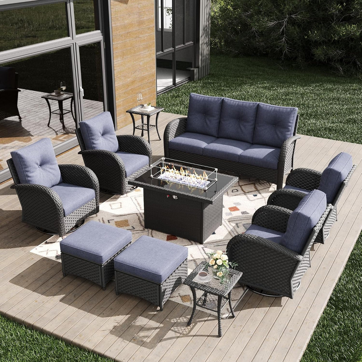 Outdoor Patio Furniture Sets with Fire Pit Table 10 Pieces Wicker Swivel Rocker Chairs and Sofa Sets for Backyard Deck