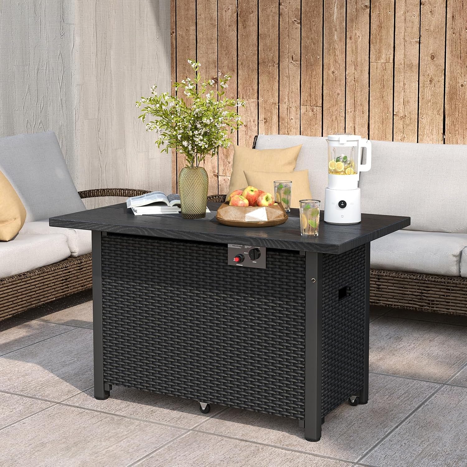 Outdoor Propane Fire Pit Table, 42 Inch Rectangular Rattan Fire Table with Wind Guard & Glass Rocks, 50,000 BTU Smokeless Gas Fire Pit for outside Patio (Black)