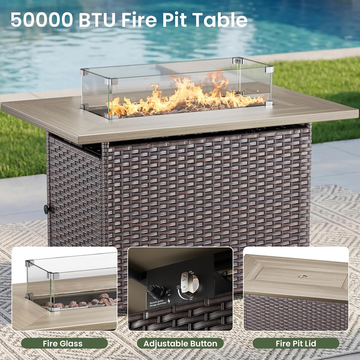Luxury Patio Furniture Set with 6-Inch Thick Cushion, Outdoor Furniture with Fire Pit Table, Swivel Chairs, Sofa, Side Table, Ottomans, 9Pcs Wicker Conversation Set (Brown Wicker | Blue Cushion)