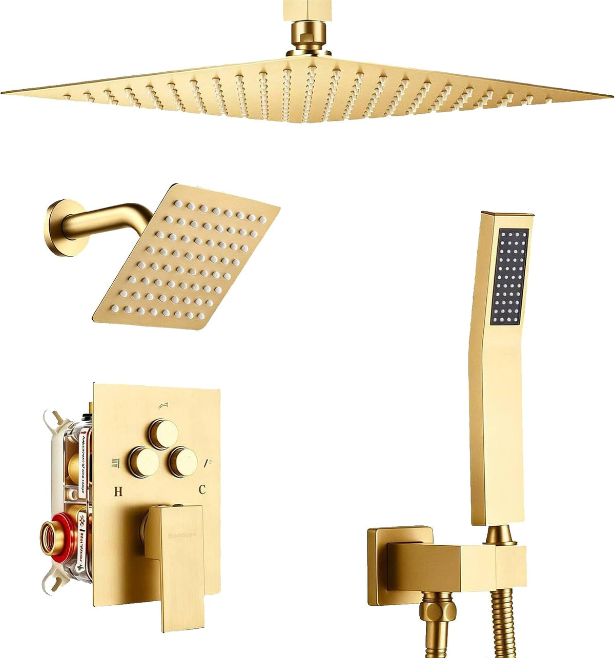 Dual Shower Head System Brushed Gold 12" Ceiling Mount Rainfall Shower and 6" Wall Mounted Shower Head System with Handheld Spray, Push Button Diverter Shower Faucet Set, Can All Run Together