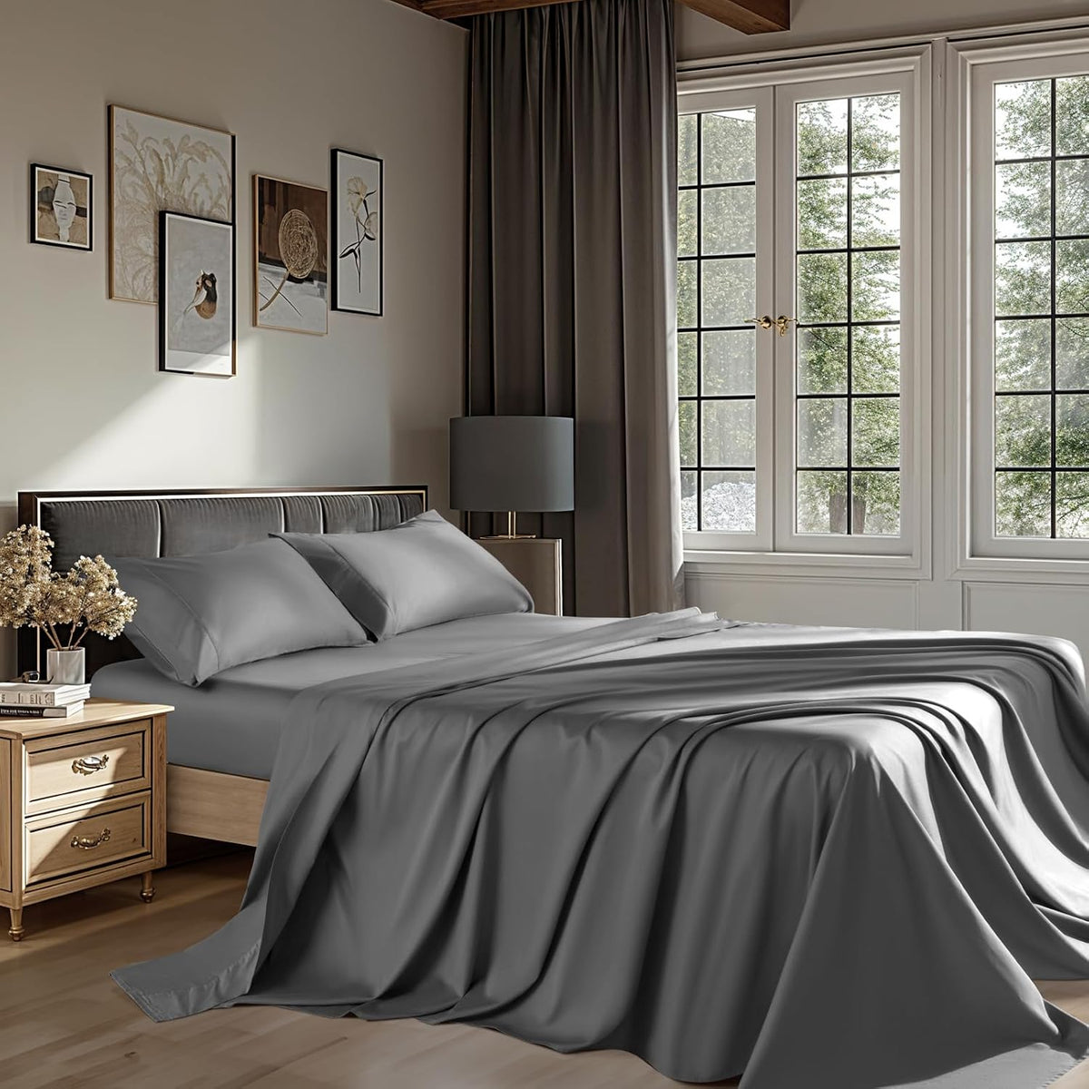 100% Egyptian Cotton Sheets King Size 4 Pcs Sheet Sets 1200 Thread Count 16" Deep Pocket Fitted Sheet Soft Breathable Bedding Set (King, Dark Gray)