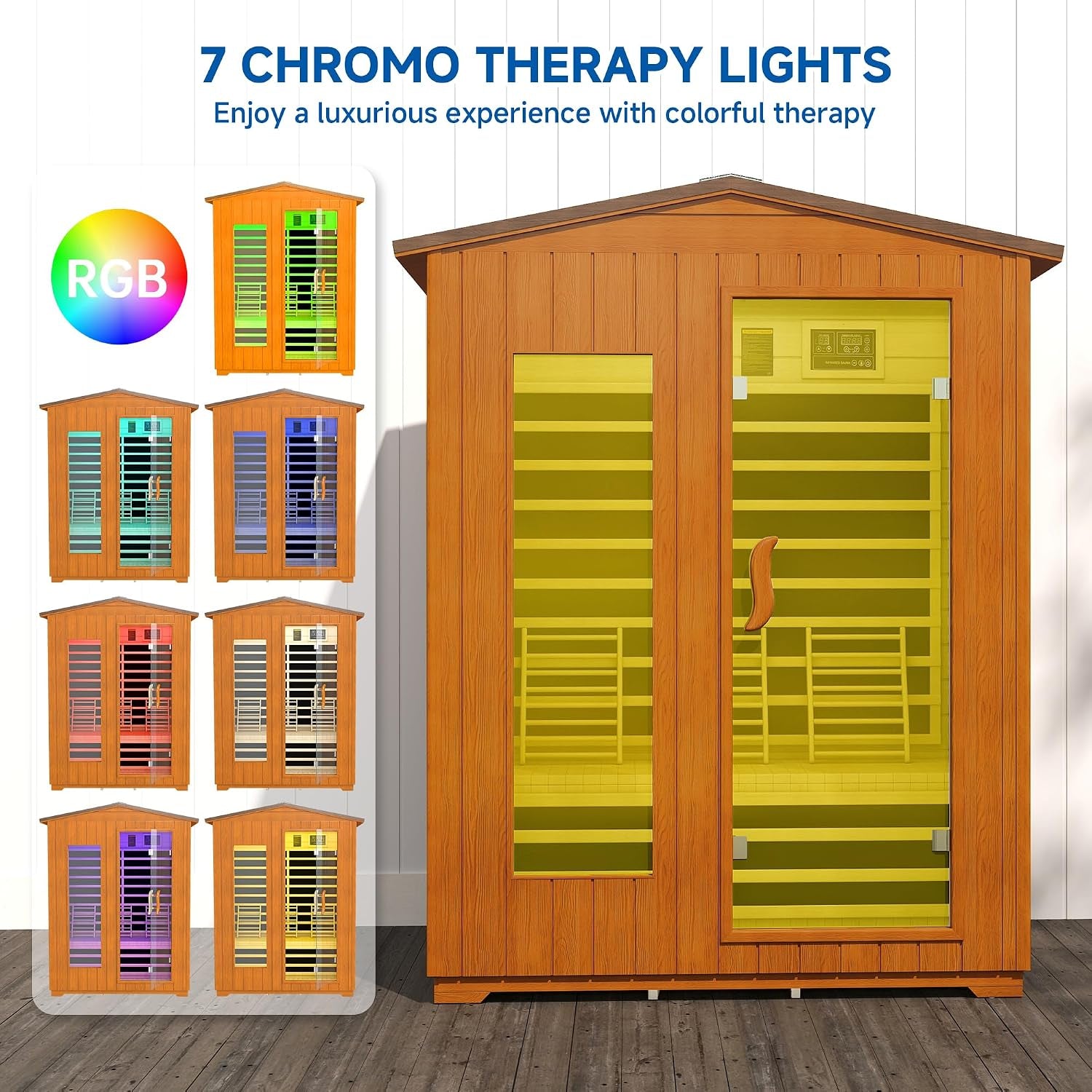 3 Person Outdoor Sauna, Low EMF Infrared Sauna, 7-Color Therapy
