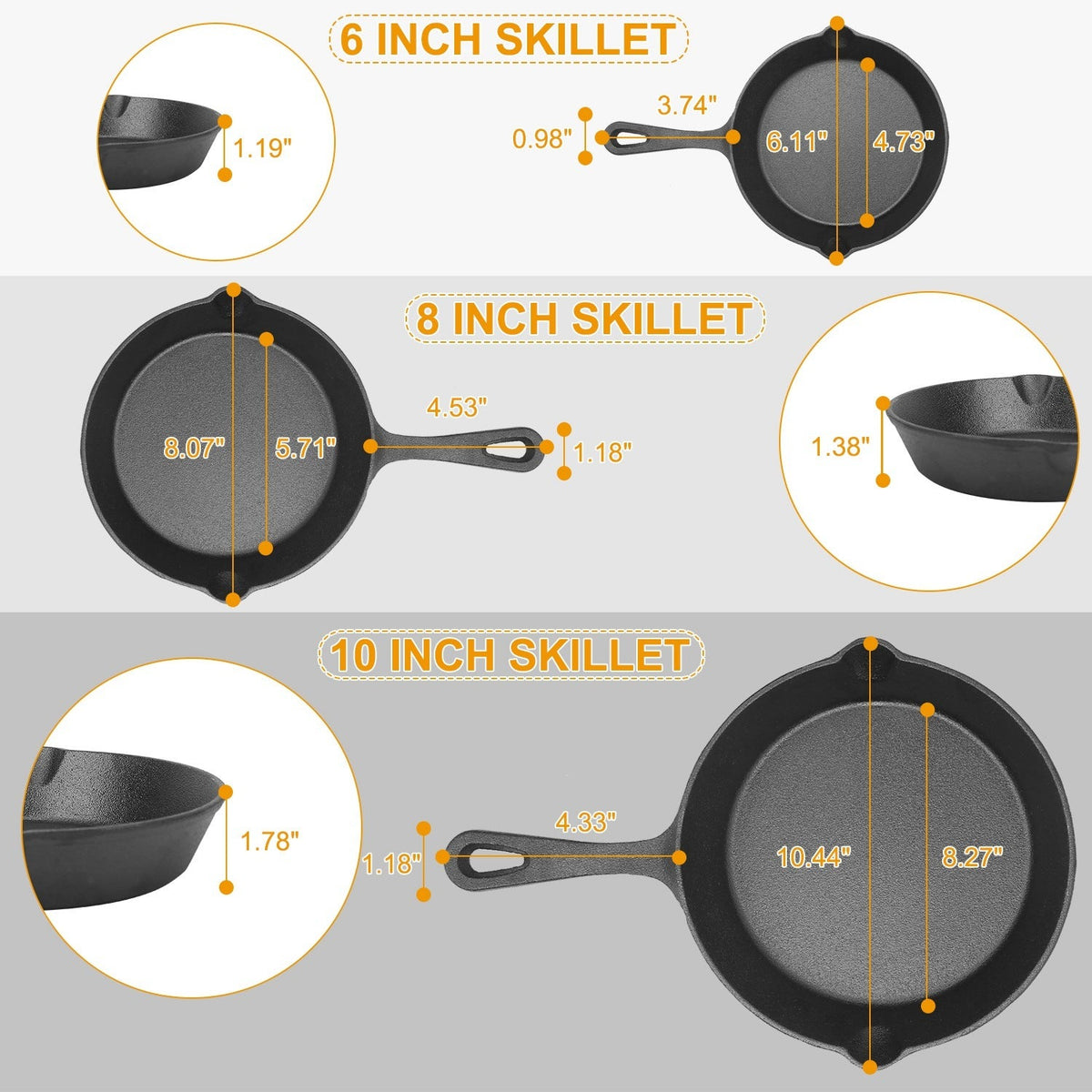 Infographic displaying orange dimension lines for outer diameter, handle length, and depth of three skillet sizes
