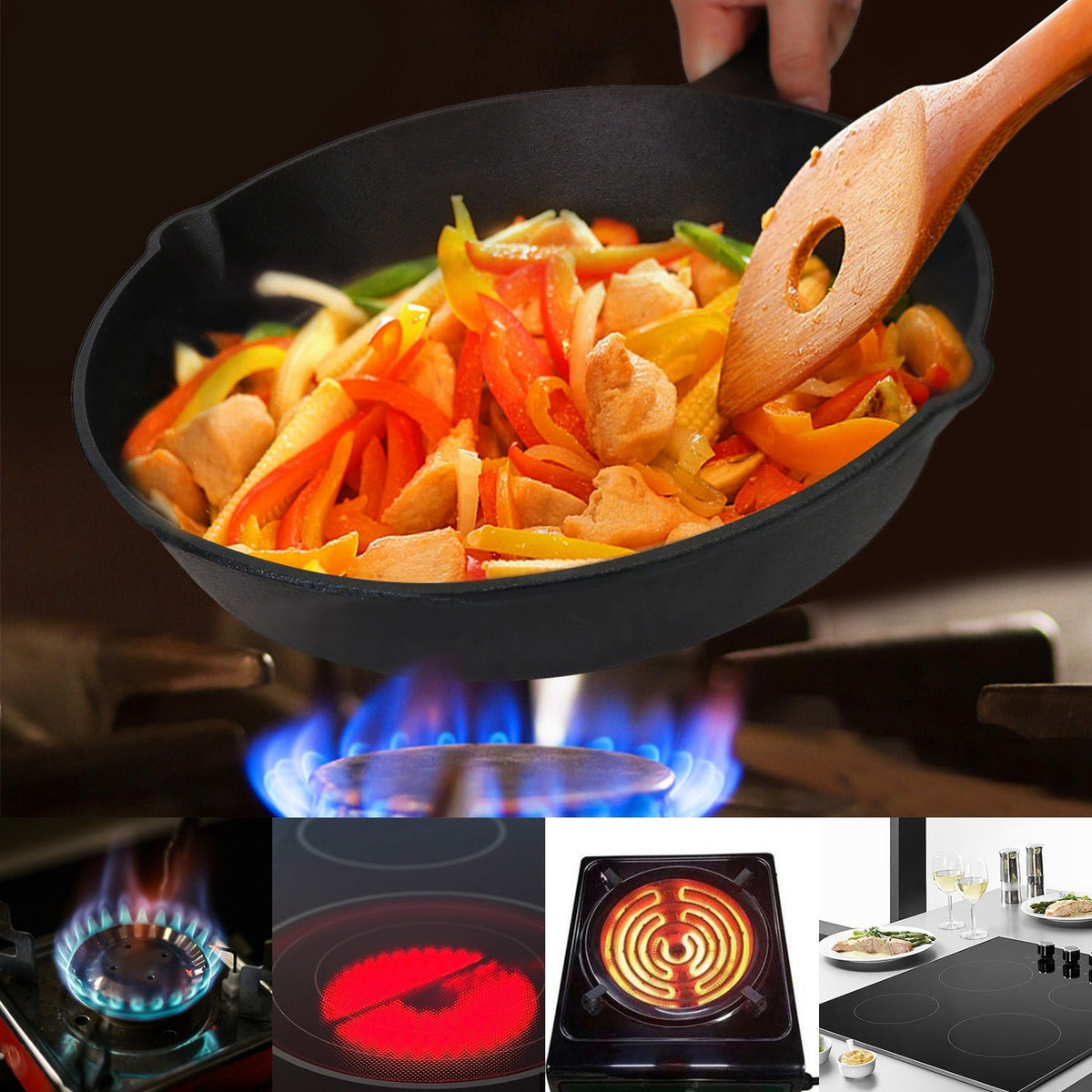 Black cast iron skillet with stir-fry tossed over blue gas flame above icons for four compatible heat sources