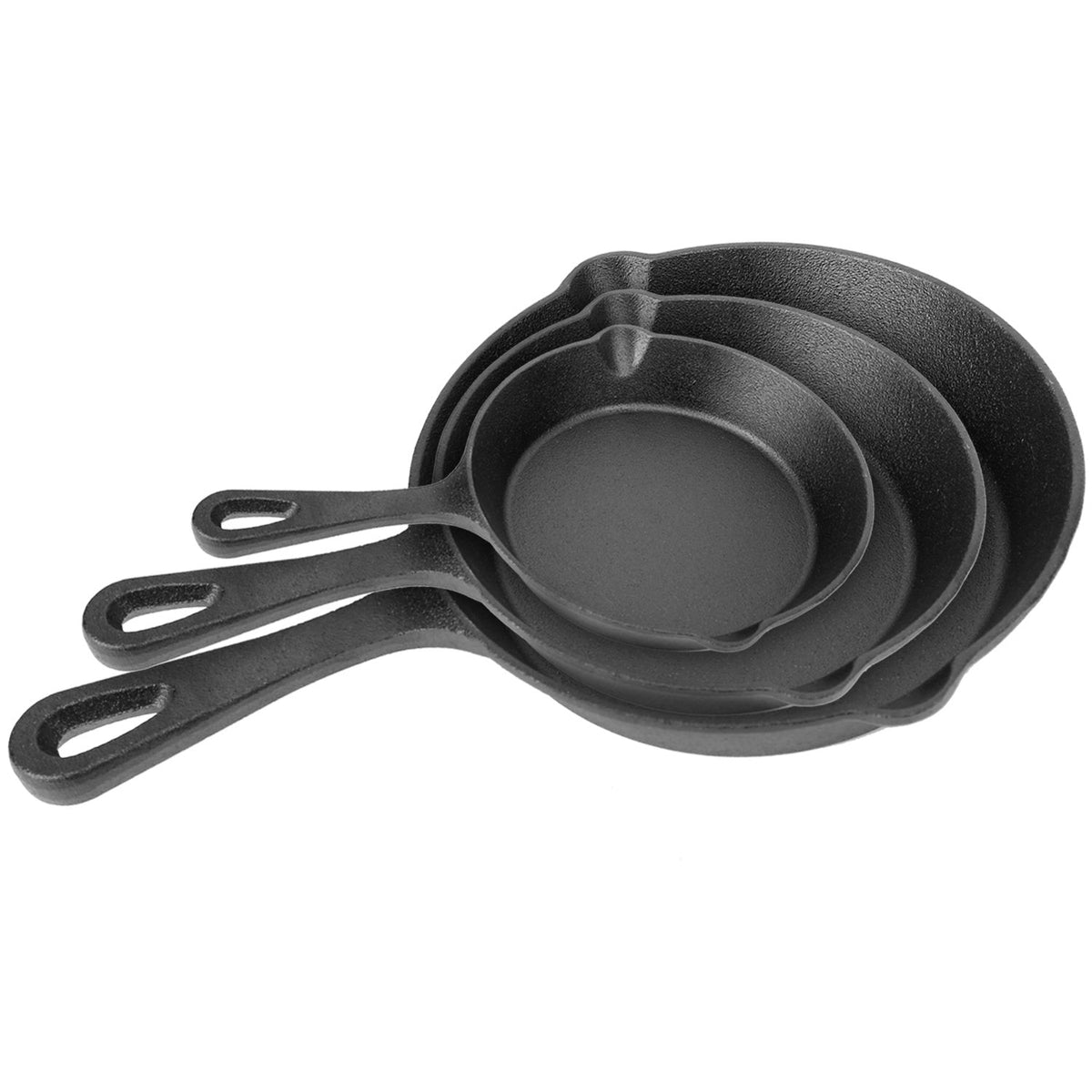 Stack of three nested black cast iron skillets showing textured surface, looped handles, and pouring spouts
