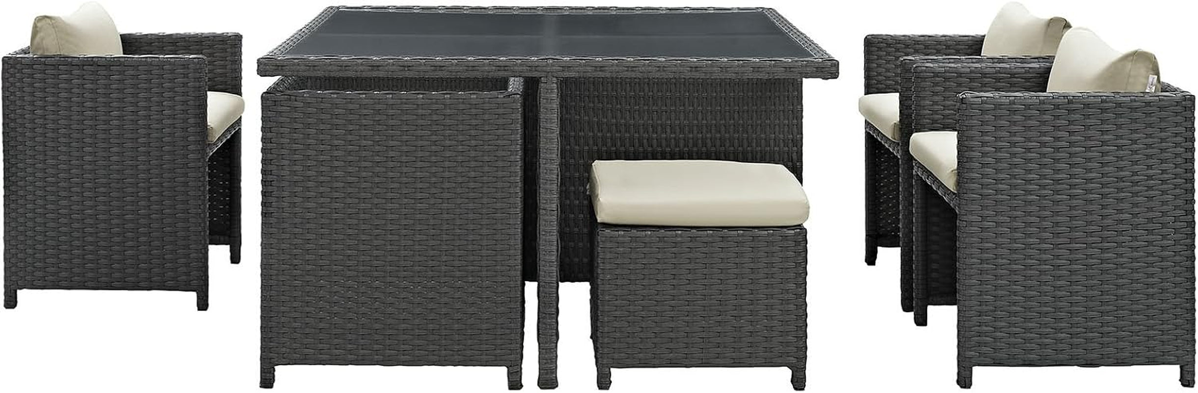 Sojourn Wicker Rattan Outdoor Patio Sunbrella Fabric, 9-Pc Dining Set in Antique Canvas Beige