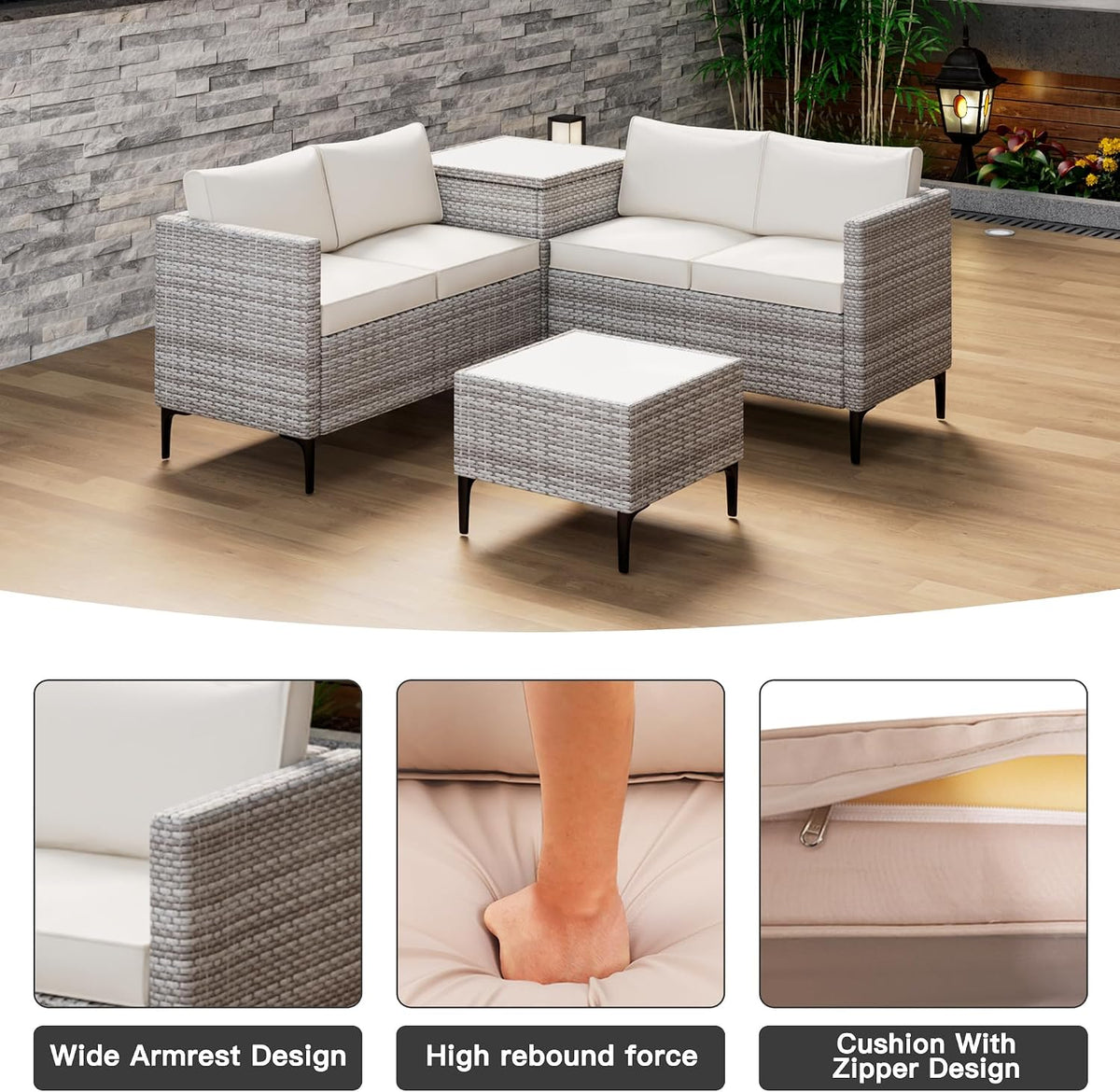 Outdoor Wicker Patio Conversation Set with Storage, PE Rattan Sofa