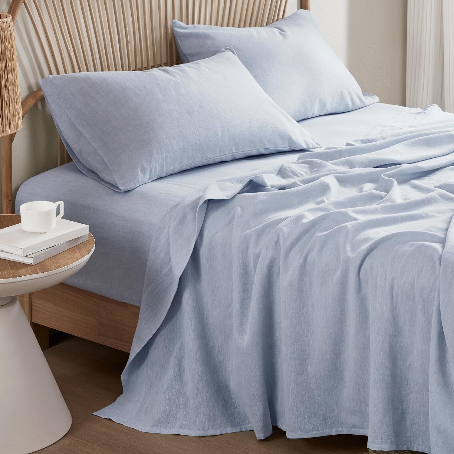 Luxurious Linen Cotton Sheet Set, Organic Linen Blend Bed Sheets - 15 Inches Deep Pocket, 4 Pcs French Flax Linen Bedding Set for All Seasons (King, Blue)