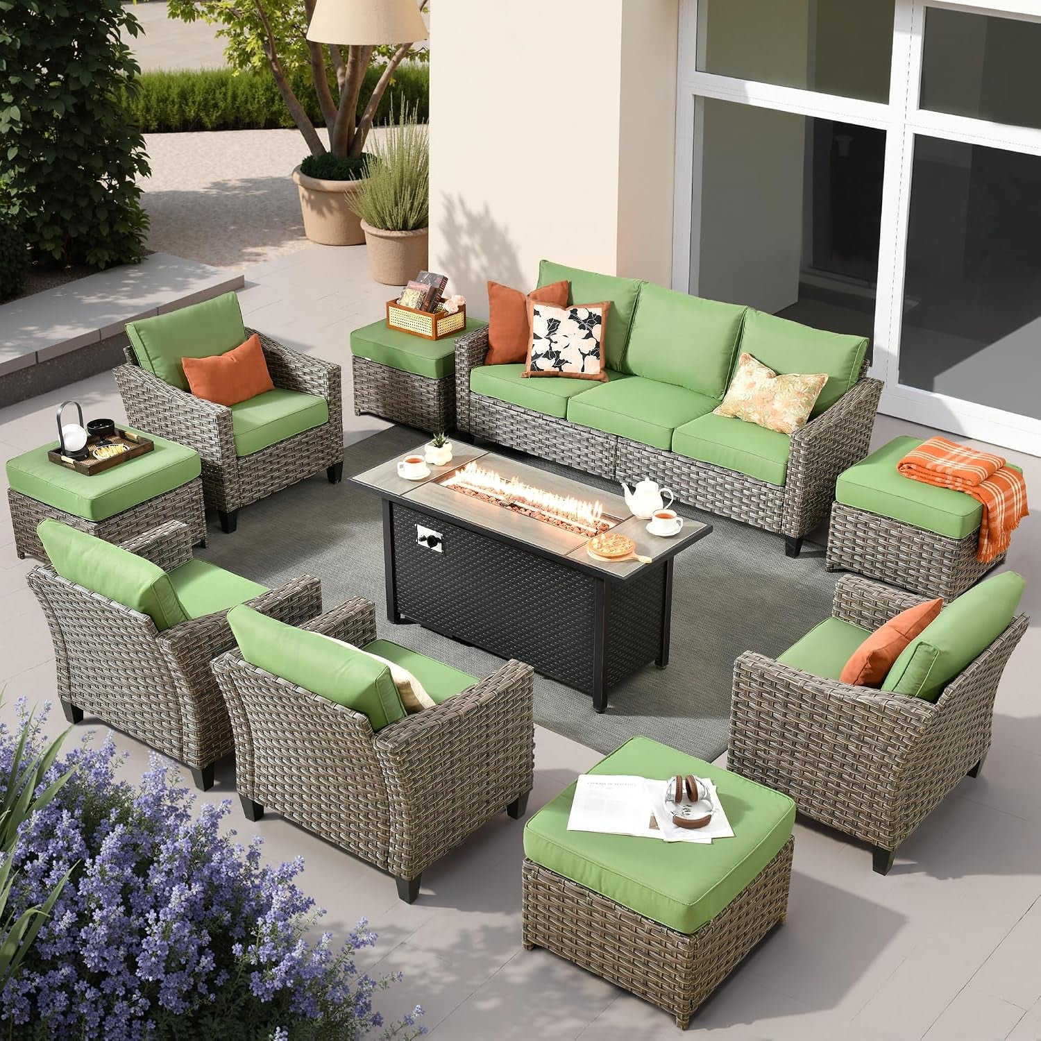 10 PCS Outdoor Patio Furniture 54In Set with Fire Pit Table, All-Weather Rattan Wicker Conversation Group with Deep Seating, High Back Comfort for Porch, Backyard, Green