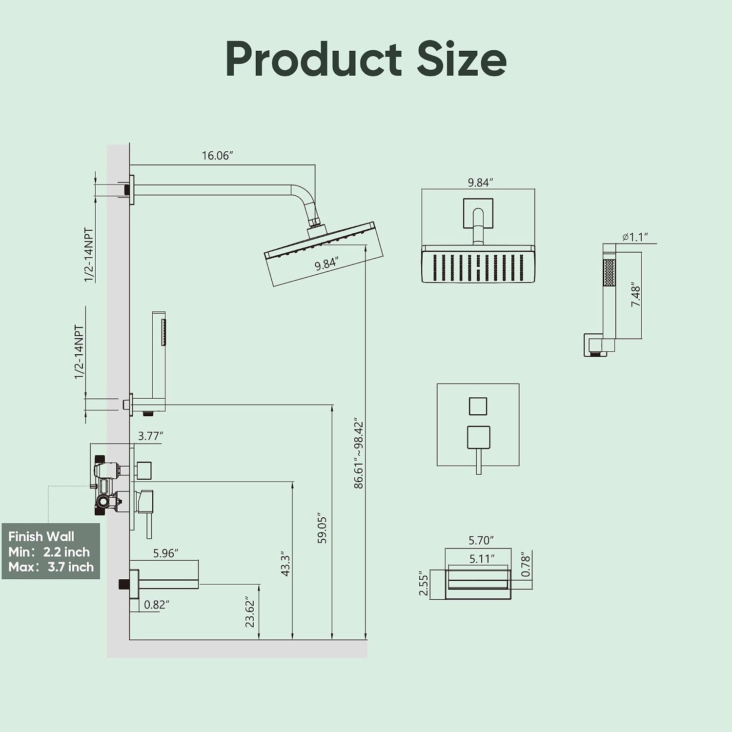 Shower System with Tub Spout, Wall Mounted Bathtub Shower Faucet Set, 10 Inch Rain Shower Head and Handheld Shower Head Set, High Pressure Tub Shower Kit with Shower Valve, Brushed Nickel
