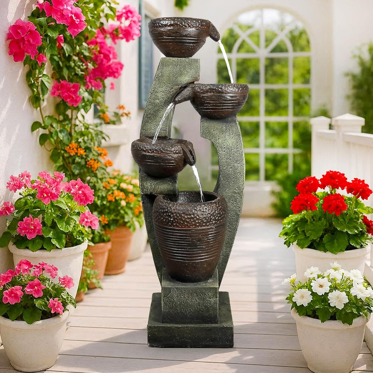 40” H Modern Outdoor Fountain - 4 Crocks Outdoor Garden Fountains with Contemporary Design&Led Light for Garden, Patio, Deck, Porch, Backyard and Home Art Decor (40In, Light Gray)