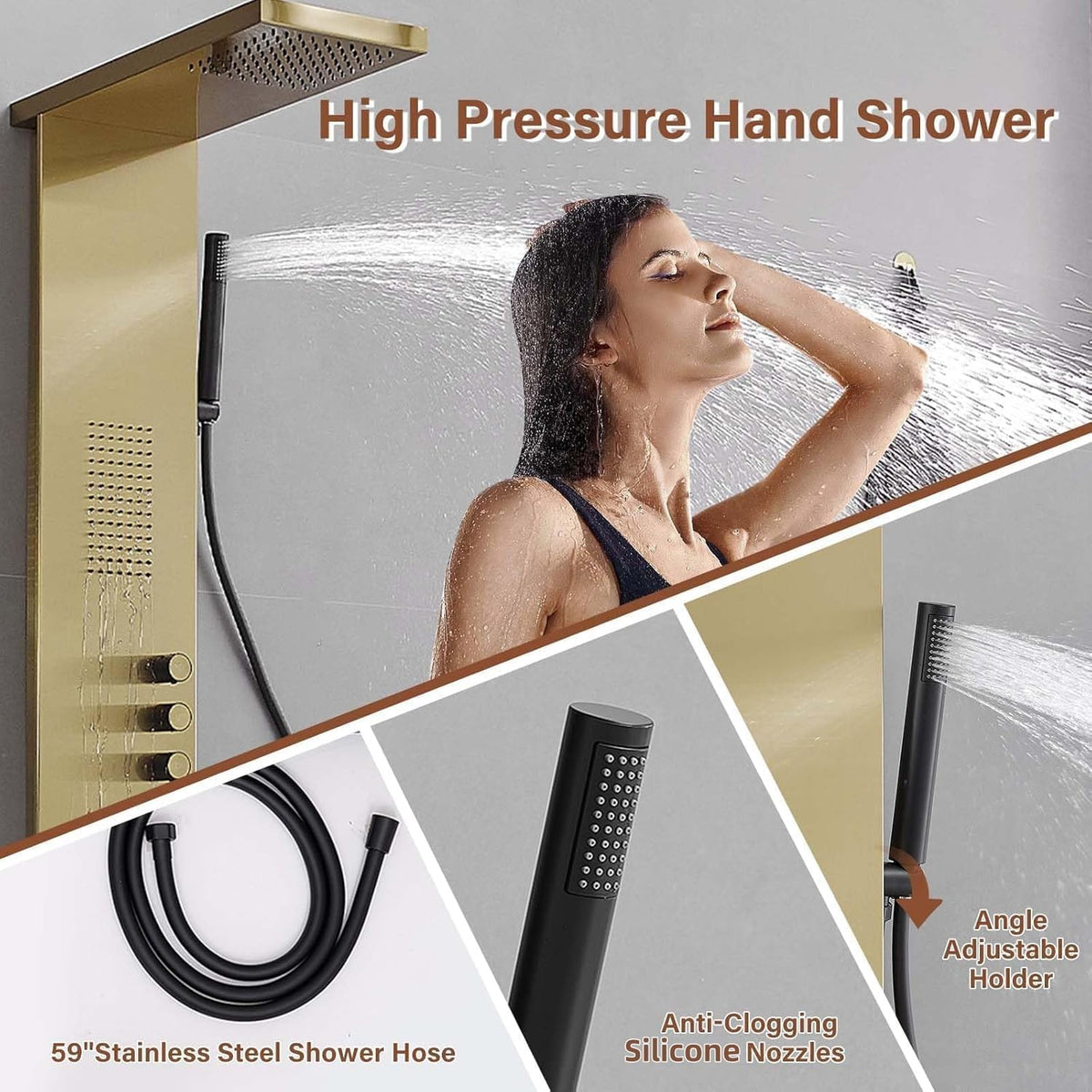 Shower Panel Tower System, Brushed Gold