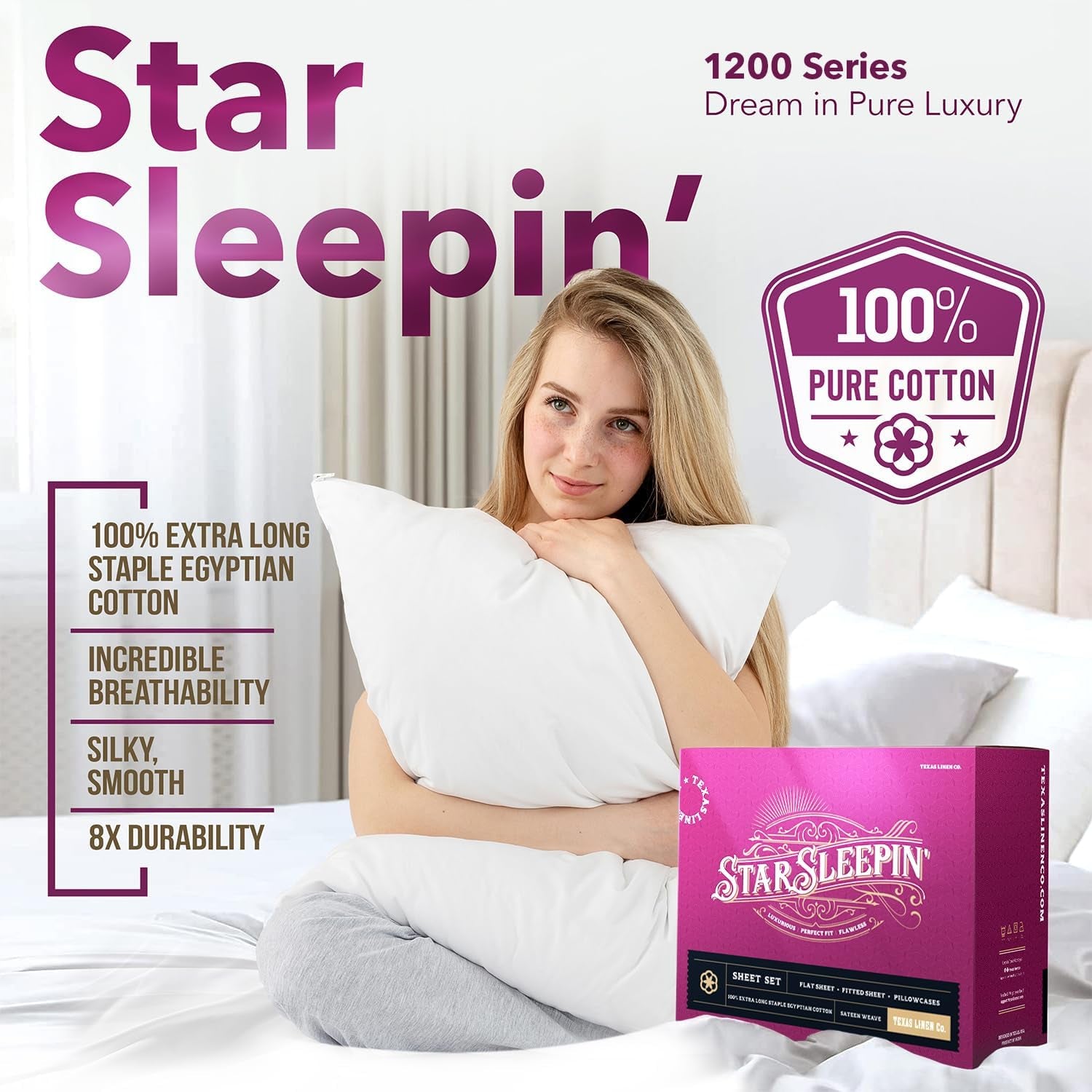 Egyptian Cotton Sheets Queen Size Set - Luxury 1200 Series High Thread Count Egyptian Cotton Queen Sheets (4 PC, White), 17" Deep Pocket, Soft Hotel Bedding - Star Sleepin' Collection