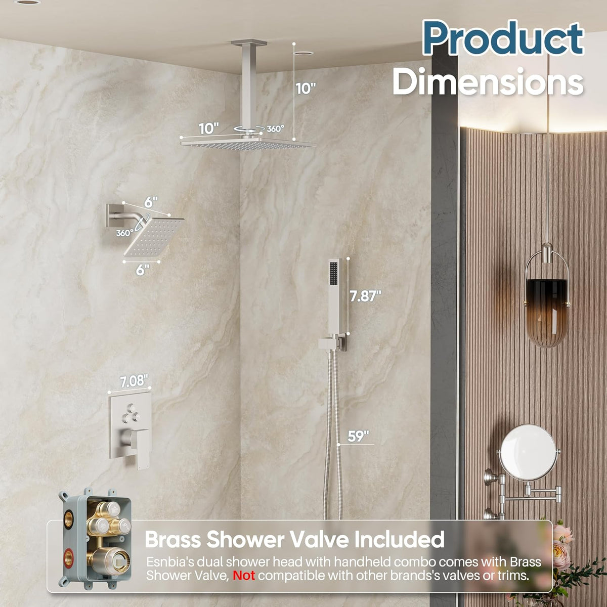 Brushed Nickel Shower System, Dual Shower Head Combo with Handheld