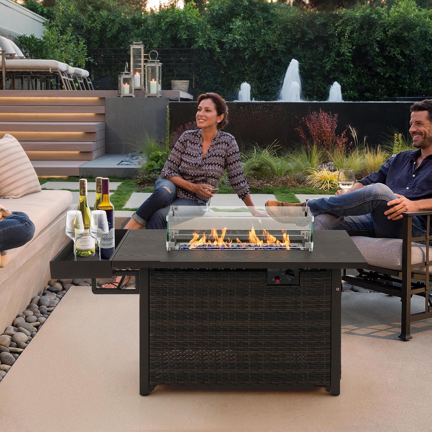 Patio Propane Fire Pit Table, 52 Inch Wicker Gas Fire Pit with Wind Guard & Extended Shelf, 50,000 BTU Heat Output, Rectangular Fire Table with Blue Fire Stone & Waterproof Cover (Brown)