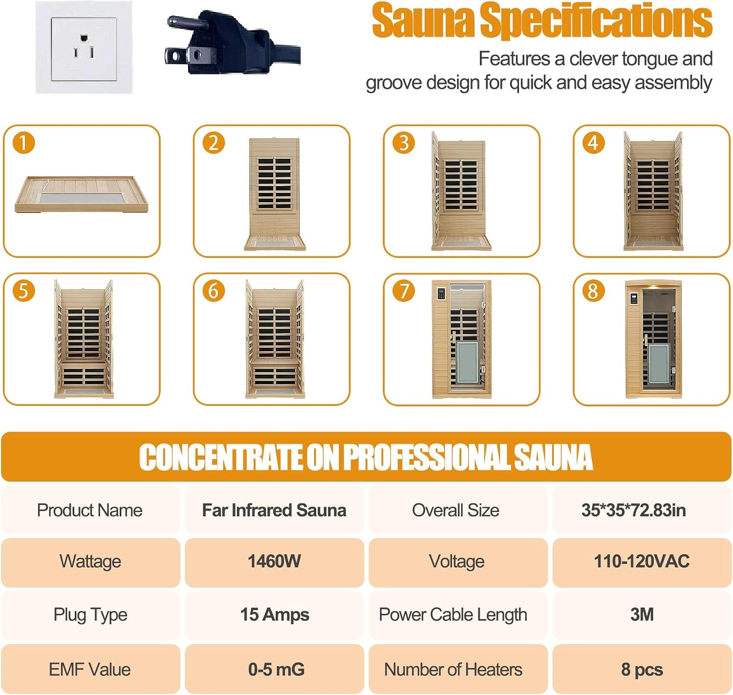 Far Infrared Sauna 1 Person Infrared Home Sauna Room 0-5Mg Utra Low EMF Home Sauna Spa 1460W Canadian Hemlock Wooden Indoor Dry Sauna with Door Heating Plate, 2 Control Panels