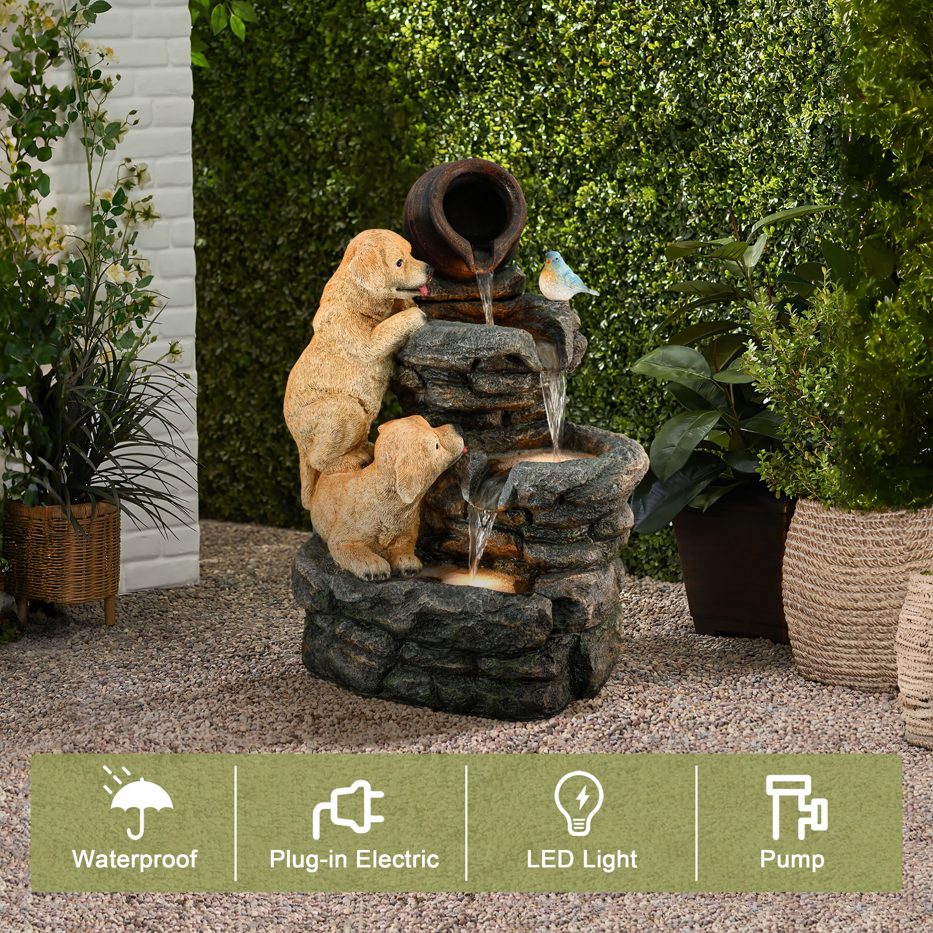 Outdoor Water Fountain, 26" Puppy and Rock Resin Water Fountains Indoor with LED Lights
