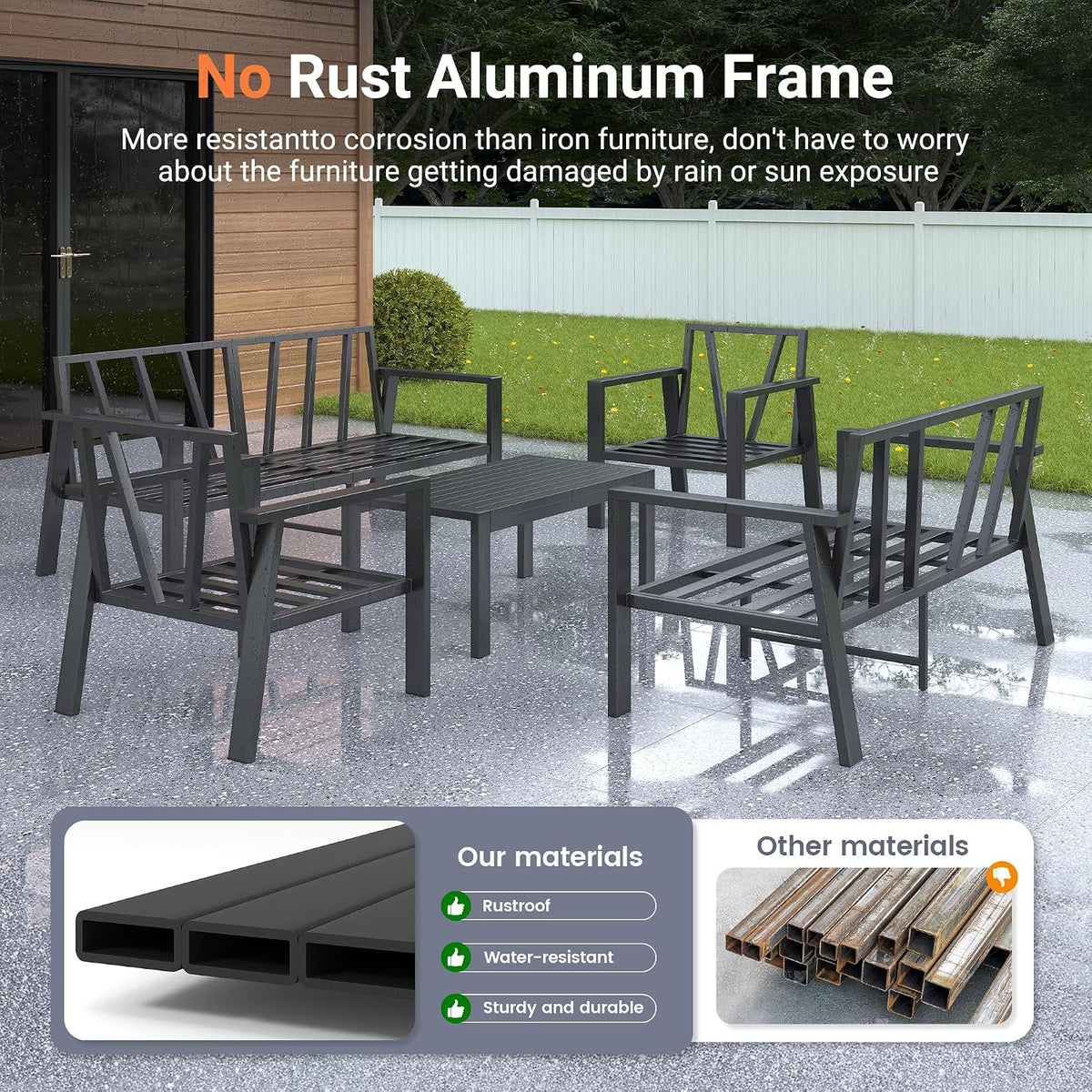 Aluminum Outdoor Patio Furniture Set 5 Pieces Metal Conversation Sets 7 Seat Sectional Sofa Modern Seating Set with Coffee Table for Outdoor Garden Backyard, Dark Grey