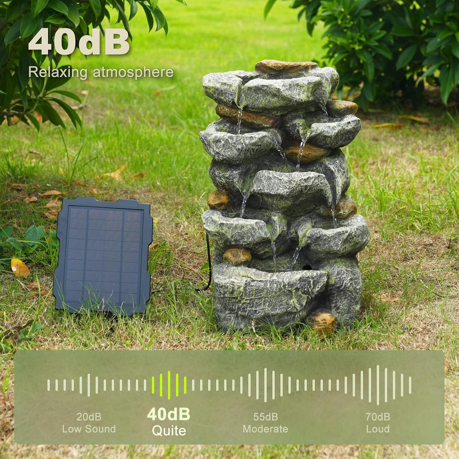 Solar Water Fountain Outdoor Garden, 24" H Cascading Stone Design 5 Tier Rock Feature Outdoor Fountains Waterfalls with Light, Pump Solar Panel for Patio, Deck, Porch, Backyard Home Décor