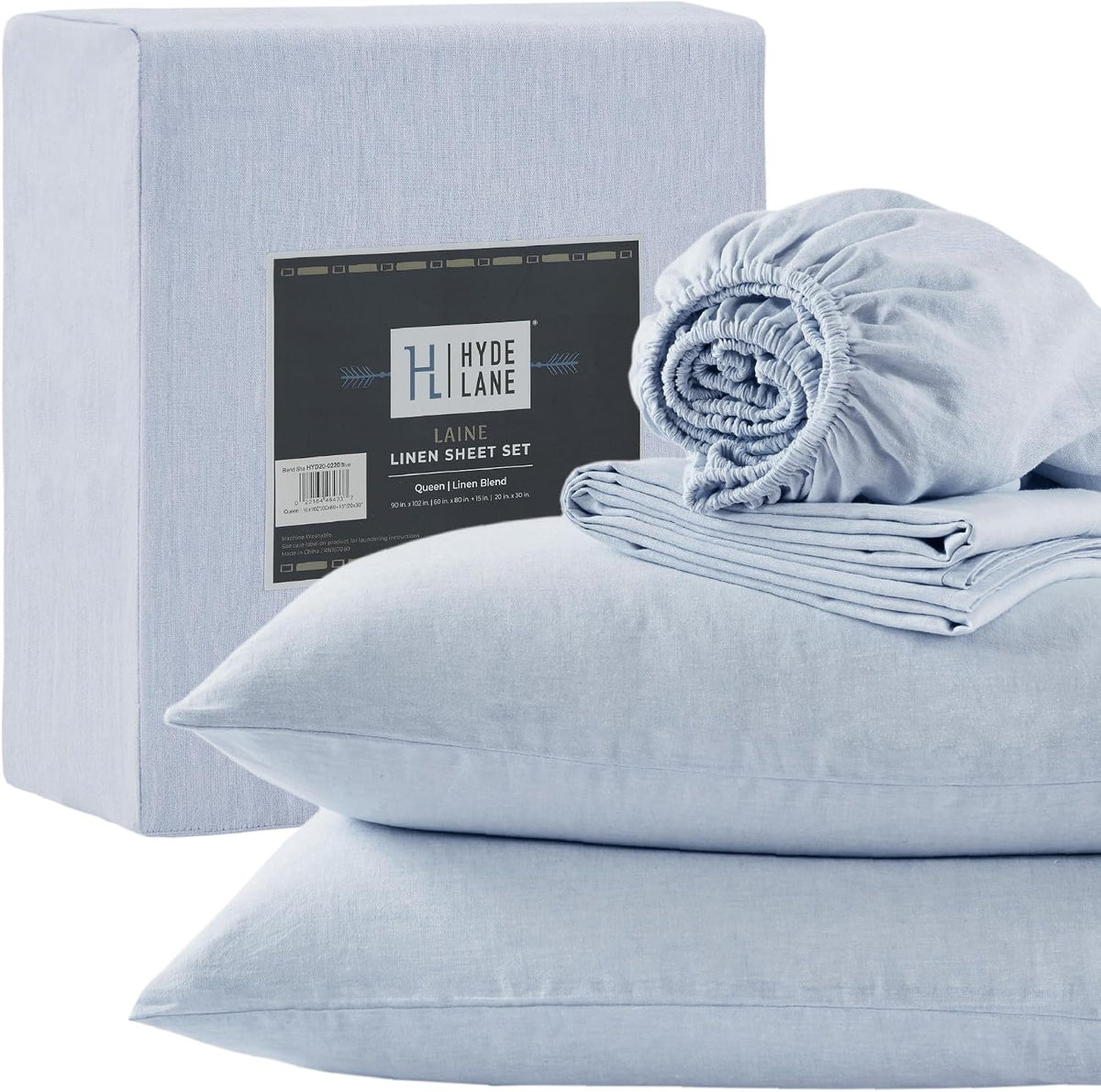 Luxurious Linen Cotton Sheet Set, Organic Linen Blend Bed Sheets - 15 Inches Deep Pocket, 4 Pcs French Flax Linen Bedding Set for All Seasons (King, Blue)