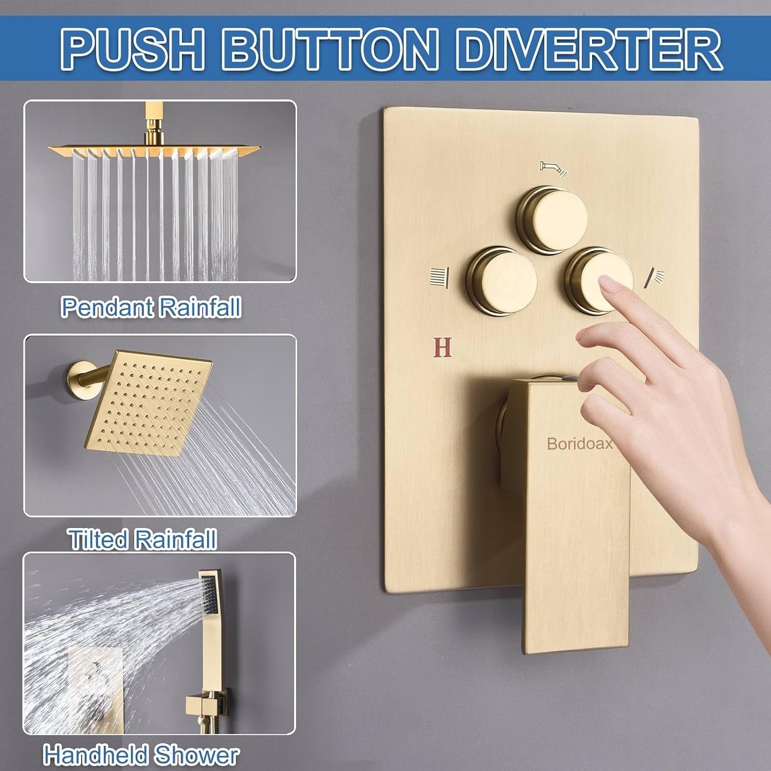 Dual Shower Head System Brushed Gold 12" Ceiling Mount Rainfall Shower and 6" Wall Mounted Shower Head System with Handheld Spray, Push Button Diverter Shower Faucet Set, Can All Run Together