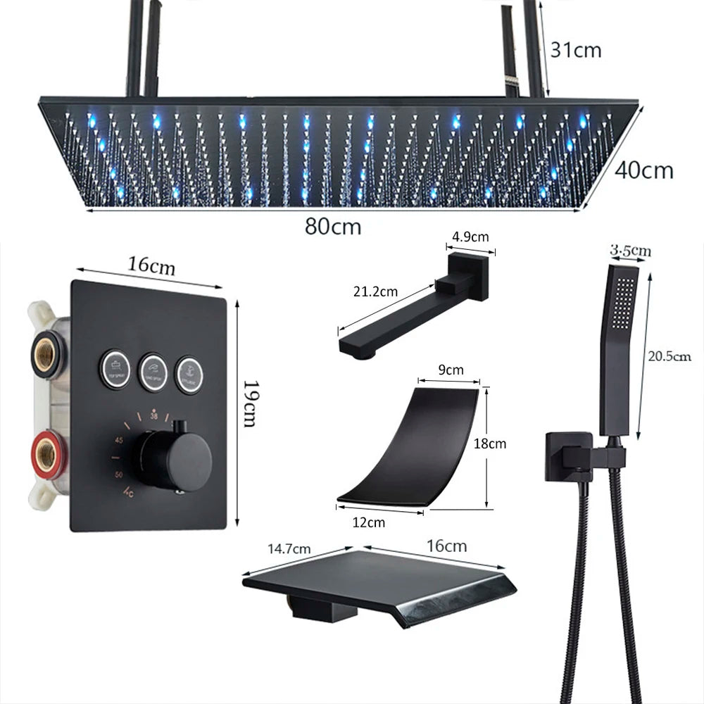 Ceiling Shower Faucet Big Rainfall LED Shower Head Concealed Shower System Black Embedded Shower