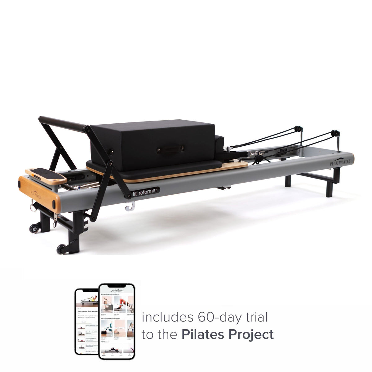 Grey Peak Pilates fit Reformer with beechwood accents and black long box, displayed with smartphones showing the Pilates