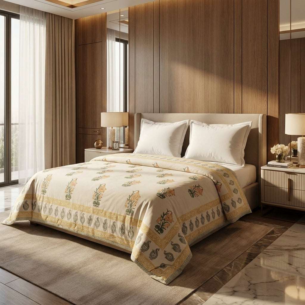 Cream quilted comforter with golden yellow floral motifs and olive green foliage draped on a bed, featuring a grey and gold