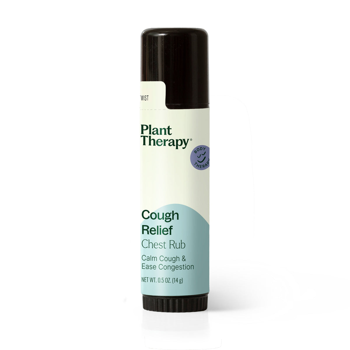 Plant Therapy chest rub stick with black cap and cream label featuring blue wave design