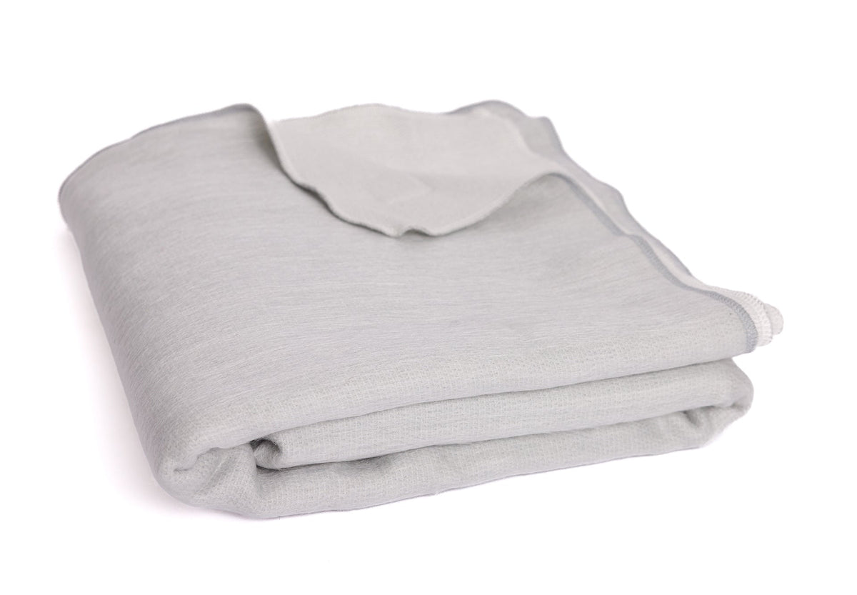 Folded heathered gray alpaca throw blanket on white background