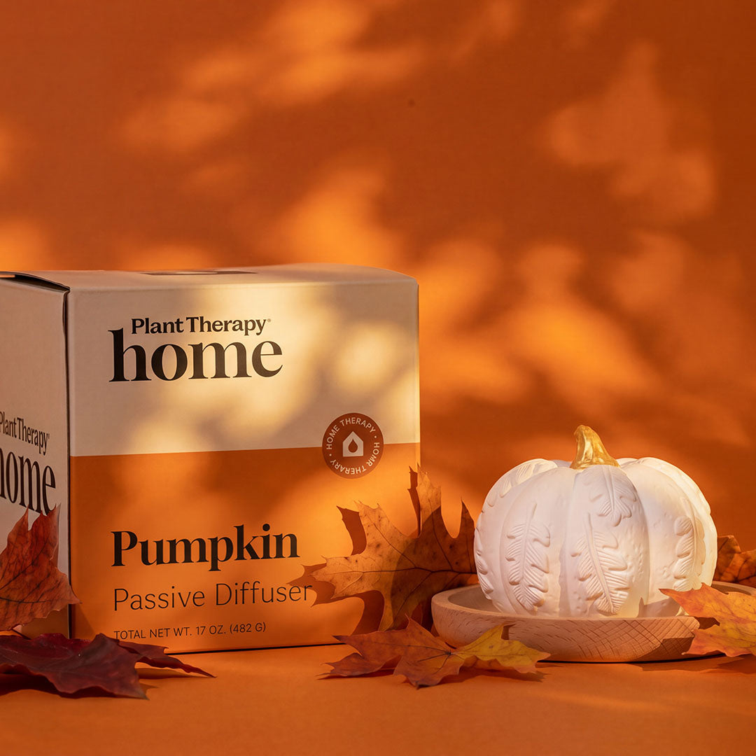 Pumpkin diffuser next to packaging box on orange surface with scattered autumn leaves and dappled shadows