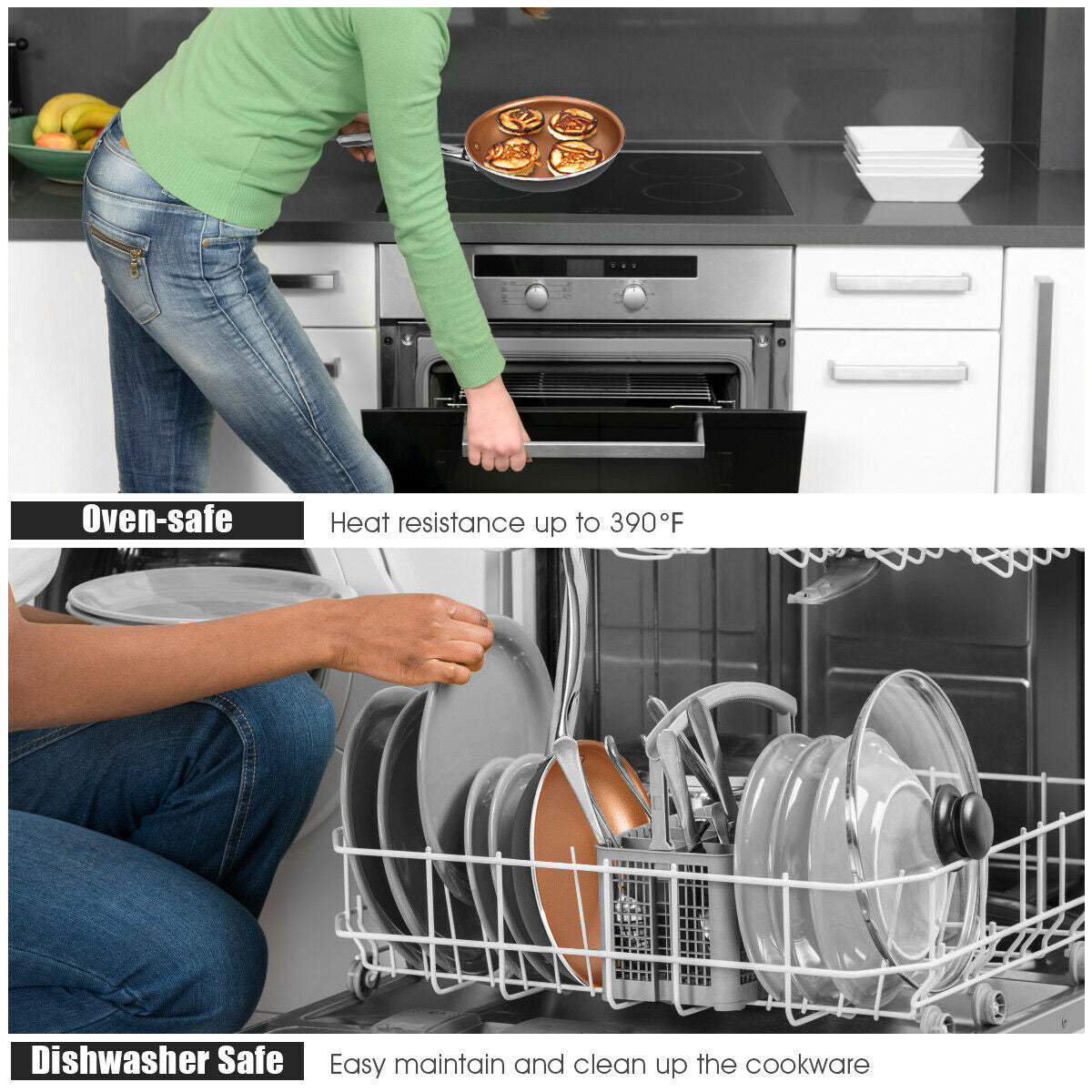 Split image showing pan going into oven labeled 390F heat resistance and glass lids being loaded into dishwasher for easy