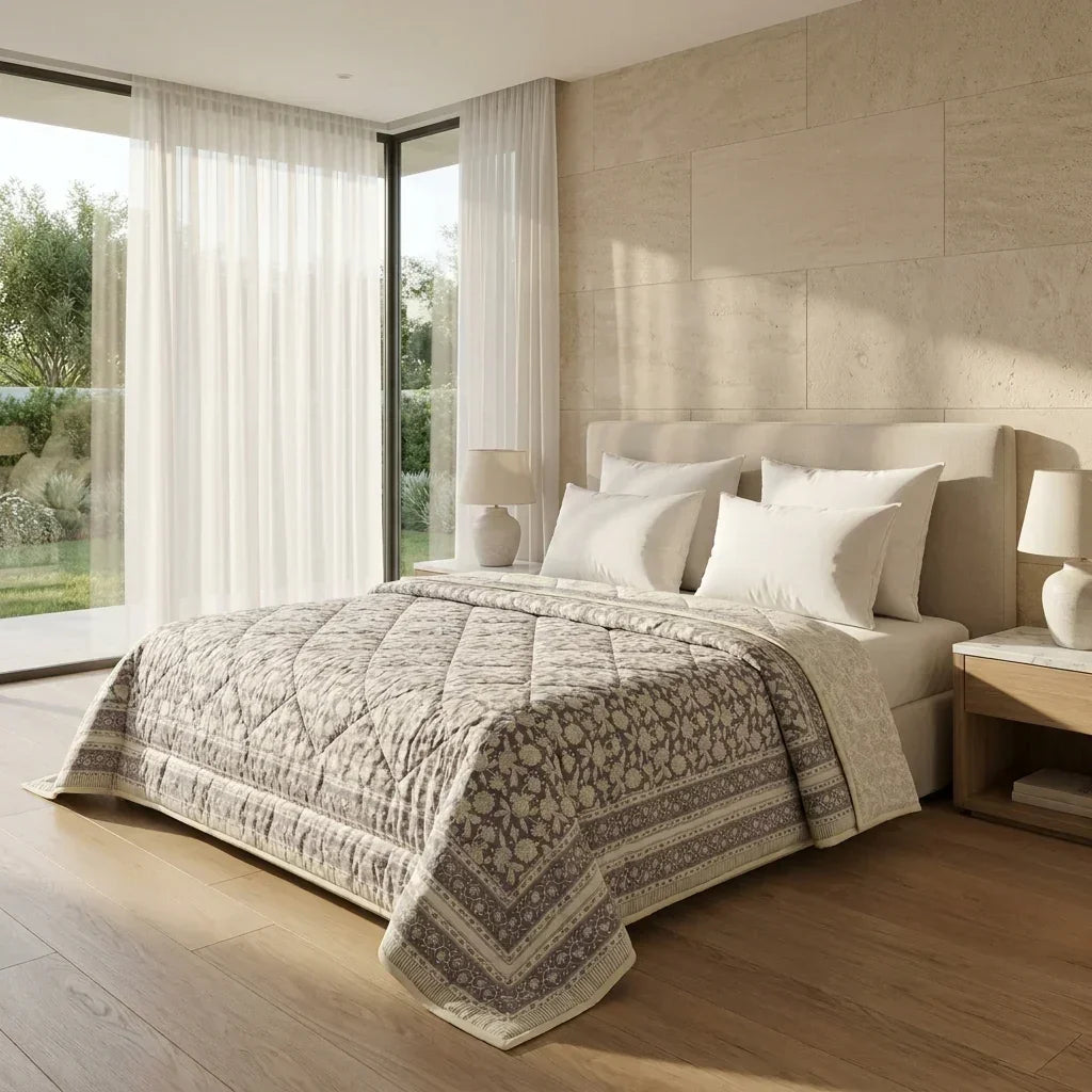Quilted comforter with diamond stitching and intricate floral border design on a bed near large garden windows