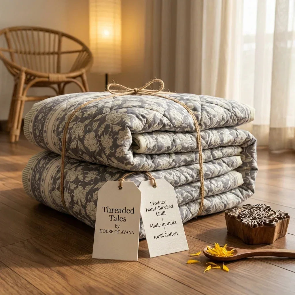 Folded floral comforter tied with twine on a wooden floor next to a carving block and yellow flower petals