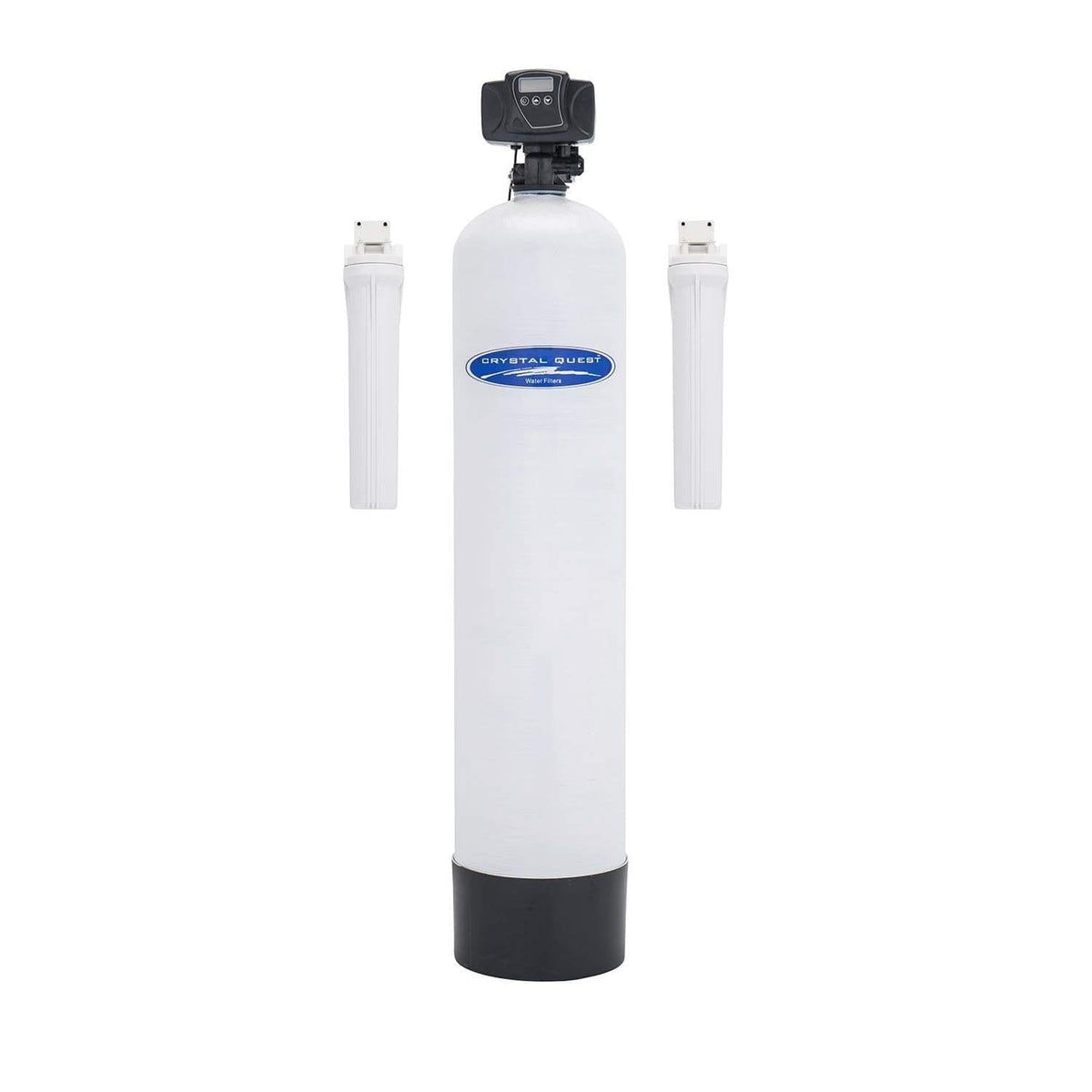 White cylindrical water filter tank with black digital control head and base, flanked by two smaller white pre-filter